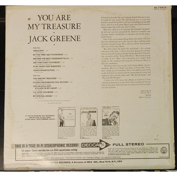 Vintage Vinyl Record " Jack Greene - You are My Treasure " Stereo [DL-74979] - Picture 2 of 4